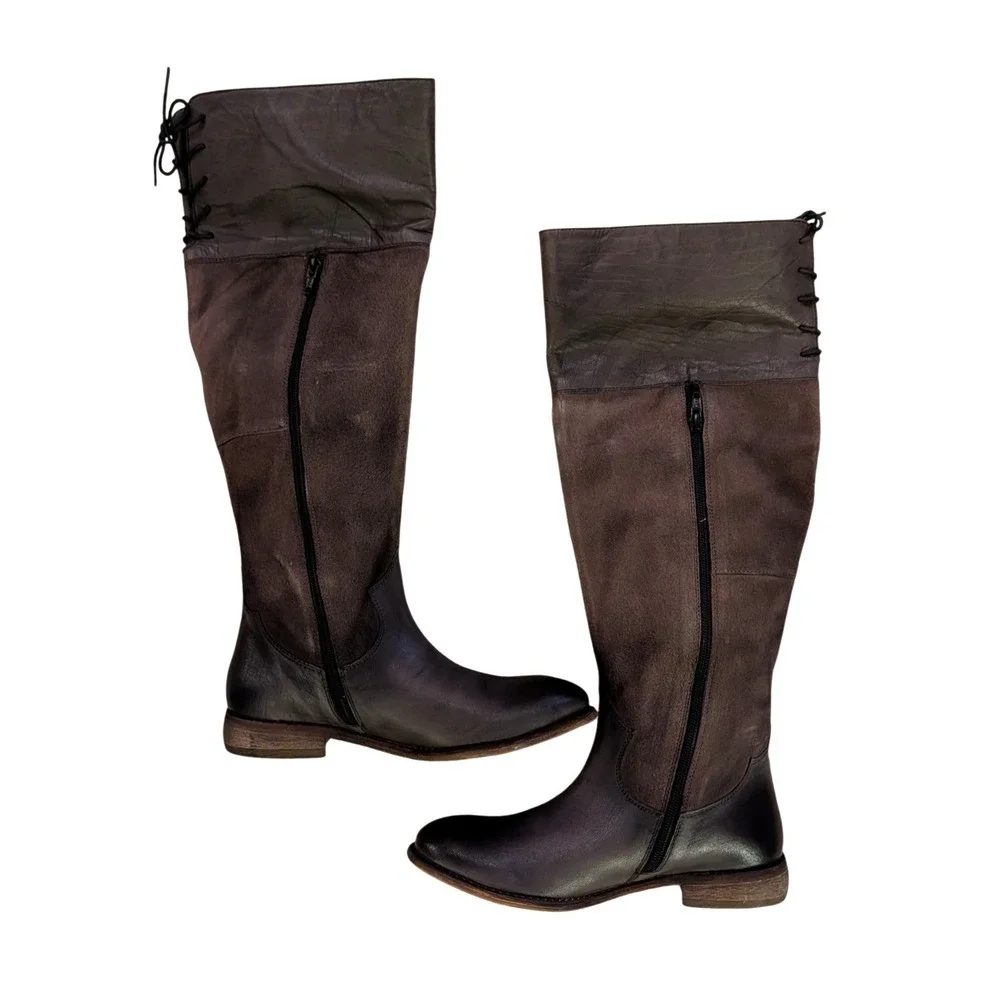Roan NWT Natty‎ Grey Burnished Leather Suede Tall Lace Back Boots- Womens 6.5